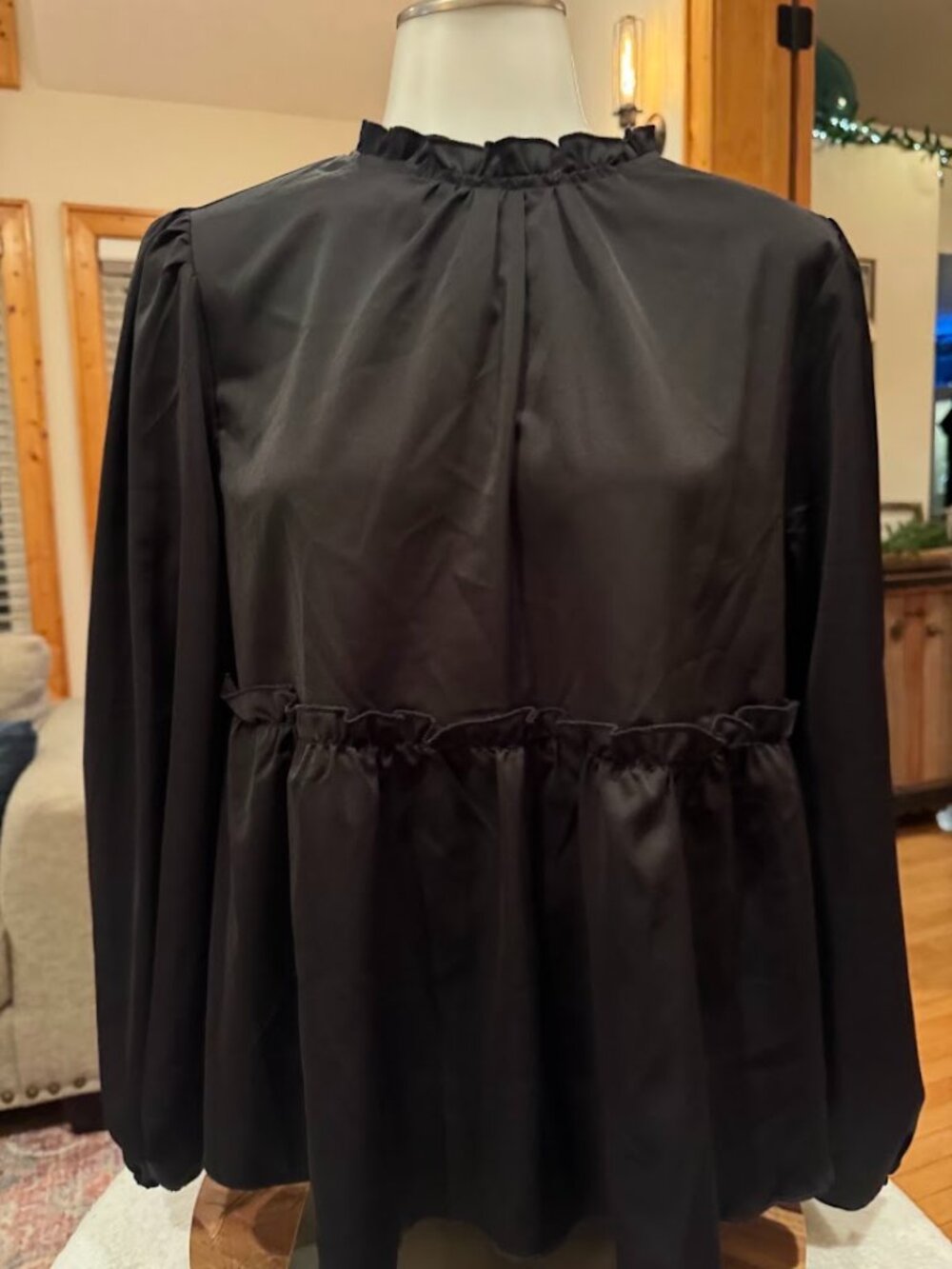 SHEIN Black Ruffle Neck Peplum Blouse Size L 8/10 Long Sleeve